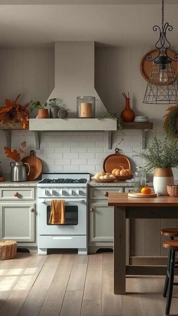 A moody farmhouse kitchen with seasonal decor, featuring pumpkins and warm tones.