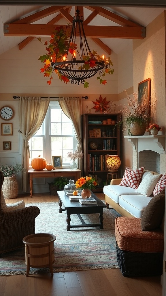 Cozy cottage style living room with seasonal decor, featuring pumpkins and flowers.