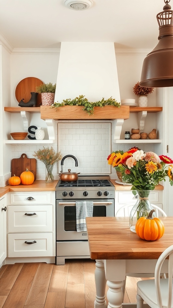 A cozy French farmhouse kitchen with seasonal decor including flowers and pumpkins.
