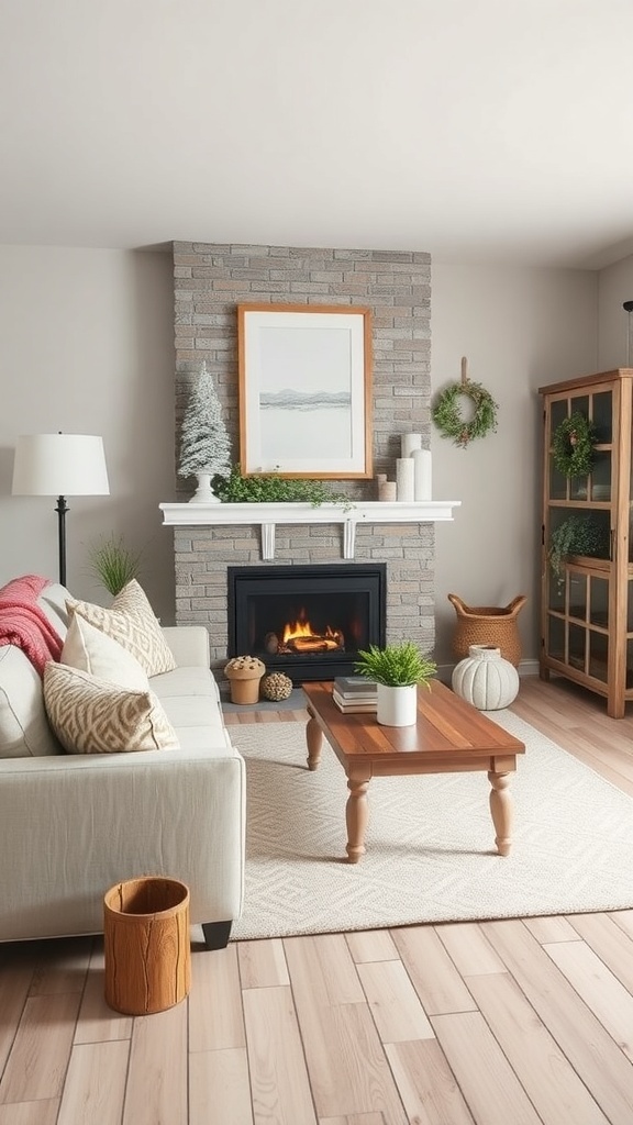 A cozy modern cottage living room with seasonal decor, featuring a fireplace, plants, and comfortable seating.
