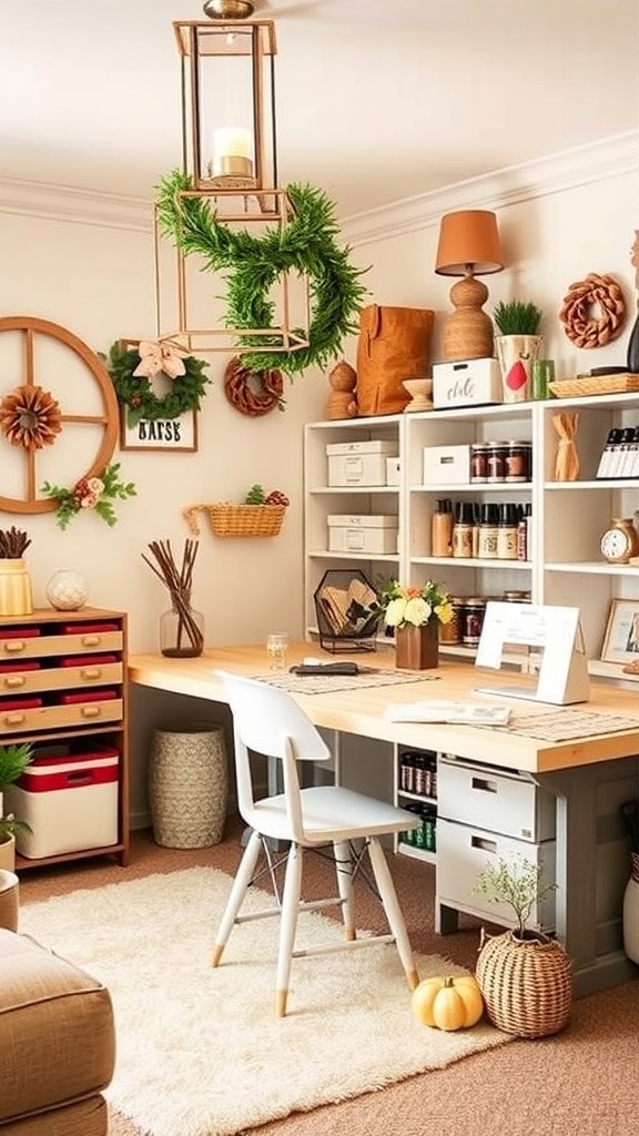 A cozy craft room decorated for autumn with pumpkins, leaves, and a cheerful banner.