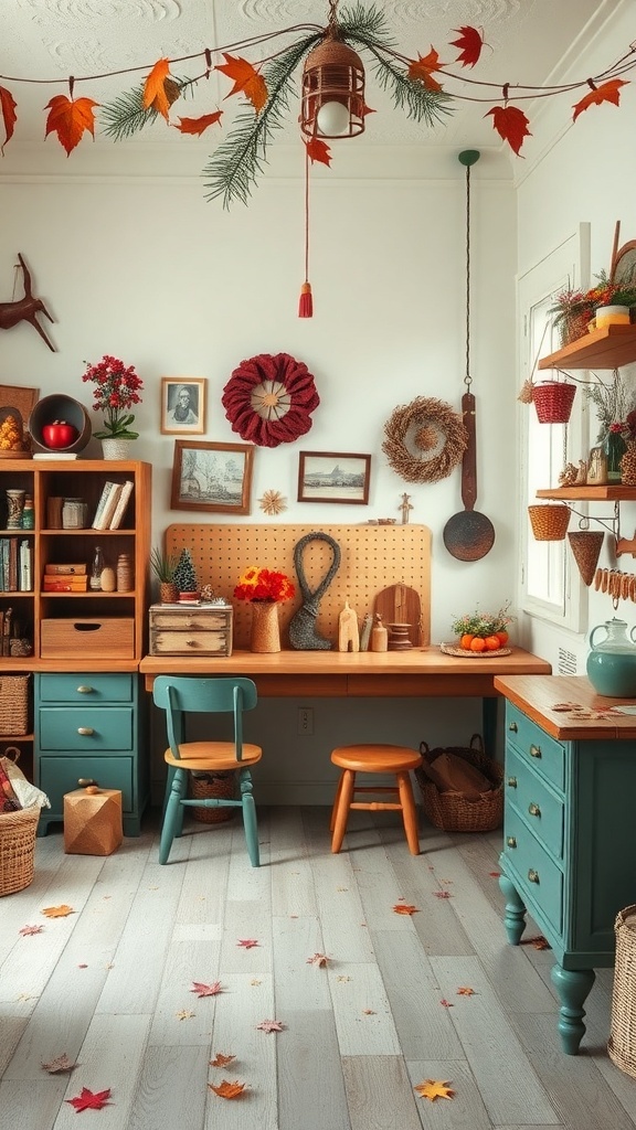 A vintage craft room decorated with autumn leaves and seasonal decor.