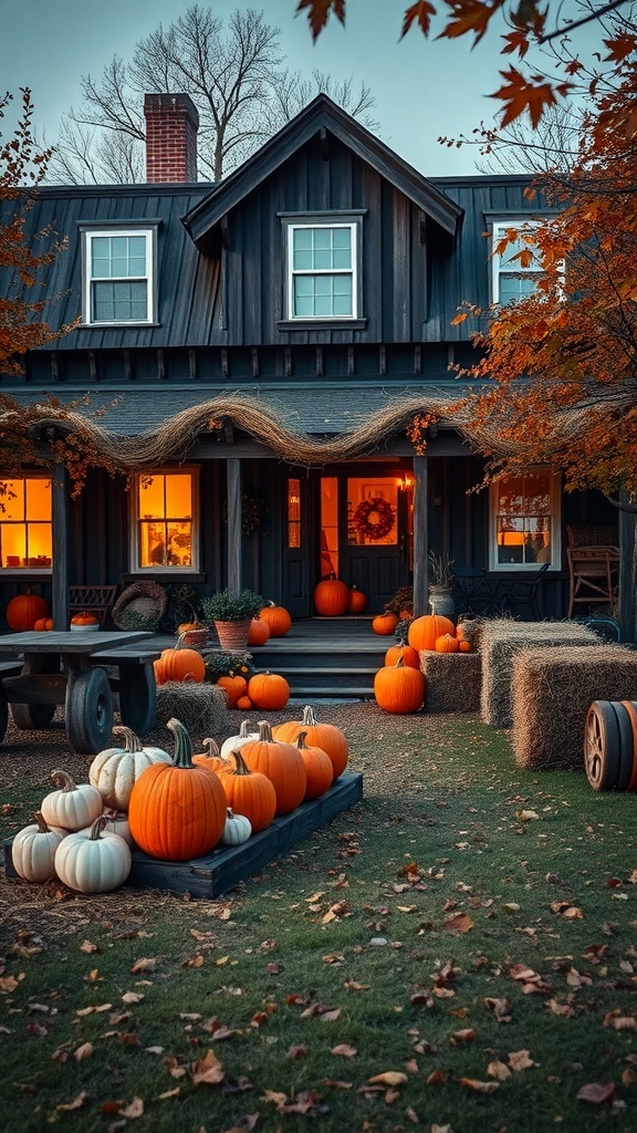 A rustic farmhouse decorated for fall with pumpkins and hay bales.