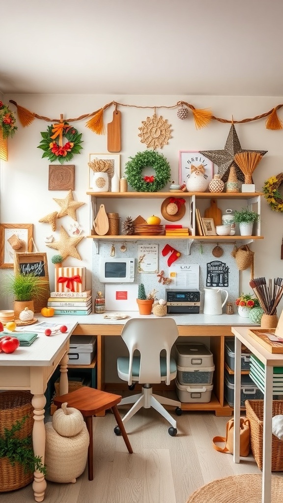 A cozy craft room decorated with seasonal decor including wreaths, stars, and colorful accents.