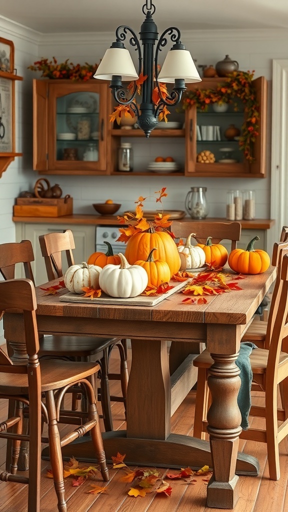 A beautifully decorated farmhouse kitchen table with pumpkins and autumn leaves.