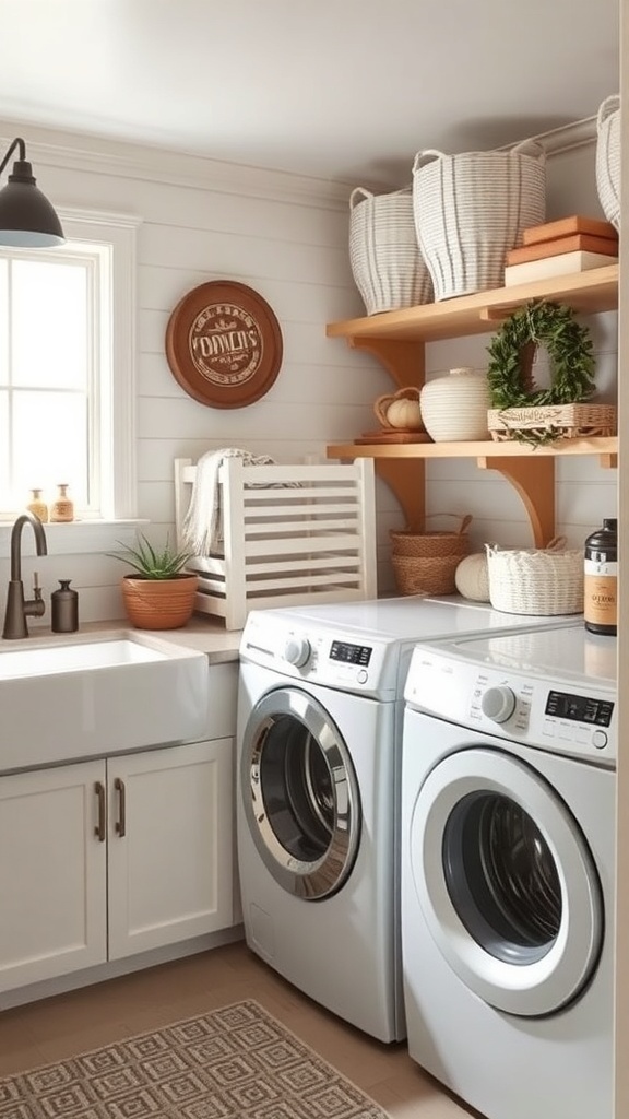 A modern farmhouse laundry room featuring a washing machine, wooden countertops, a wreath, and seasonal decor.
