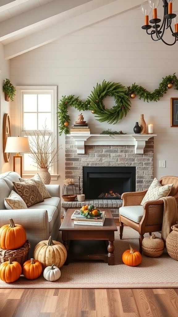 Cozy cottage living room decorated with pumpkins and a garland above the fireplace.