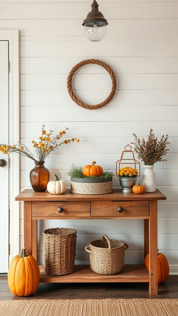 A rustic entryway table decorated with pumpkins, flowers, and woven baskets.