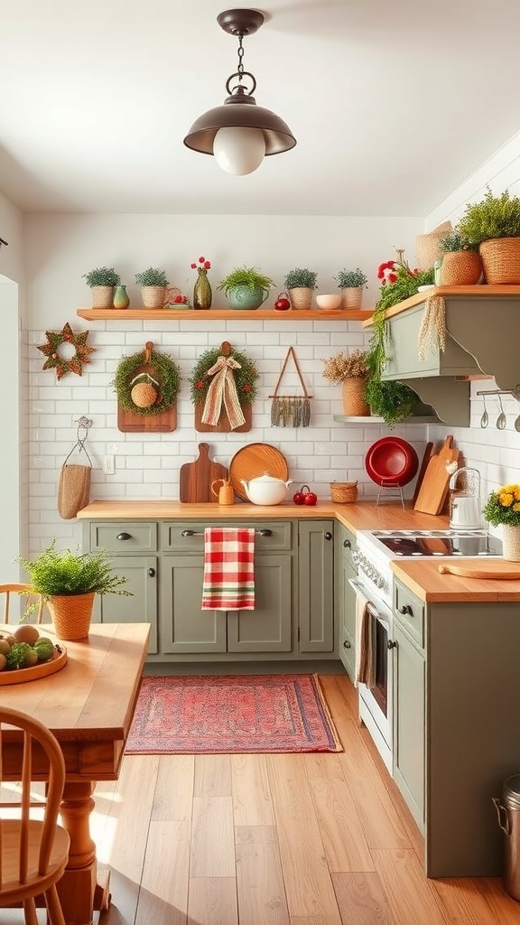 A cozy farmhouse kitchen decorated with seasonal items, including potted plants, wreaths, and a checkered towel.