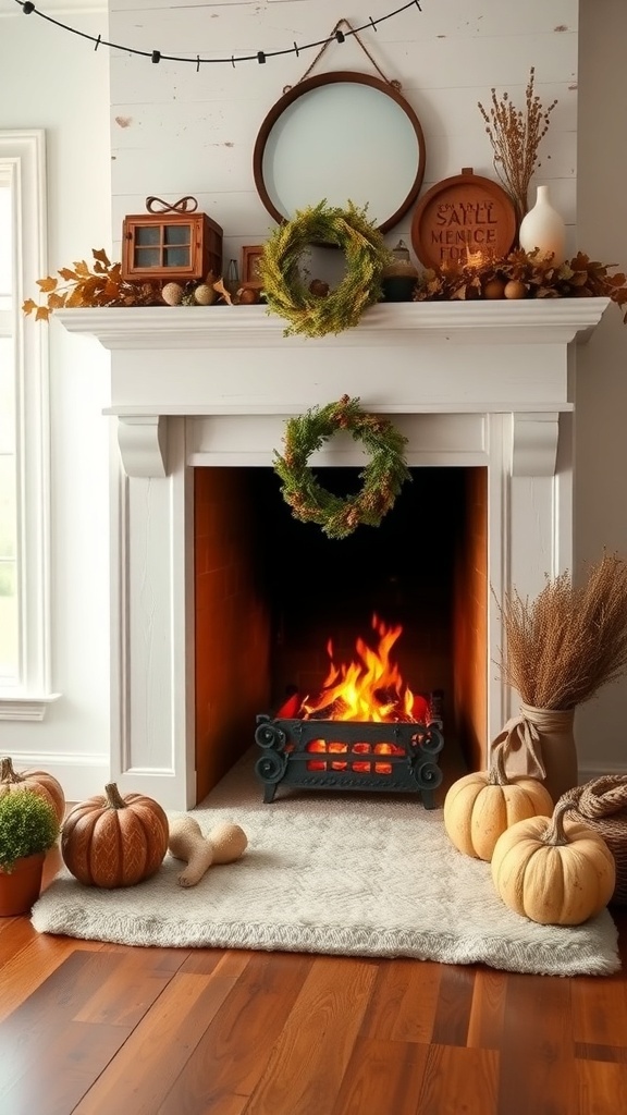 A rustic farmhouse fireplace decorated with pumpkins, a wreath, and natural elements.
