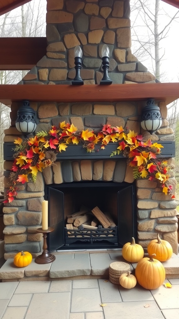 Rustic outdoor fireplace decorated with autumn leaves and pumpkins