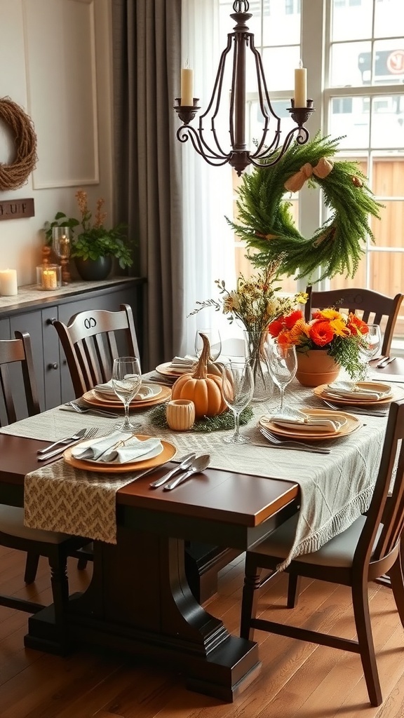 A beautifully decorated modern farmhouse dining table with seasonal decor, featuring pumpkins and flowers.