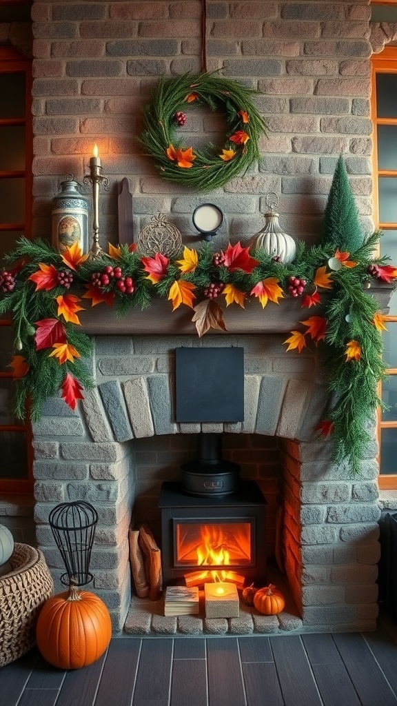 A rustic farmhouse fireplace decorated with autumn leaves, pumpkins, and a warm glow.