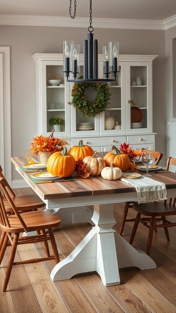 A modern farmhouse dining table decorated with pumpkins and autumn leaves.