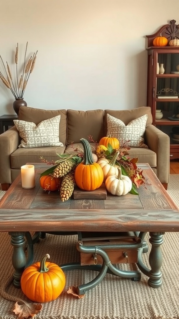 A rustic coffee table decorated with pumpkins, pinecones, and leaves for fall.