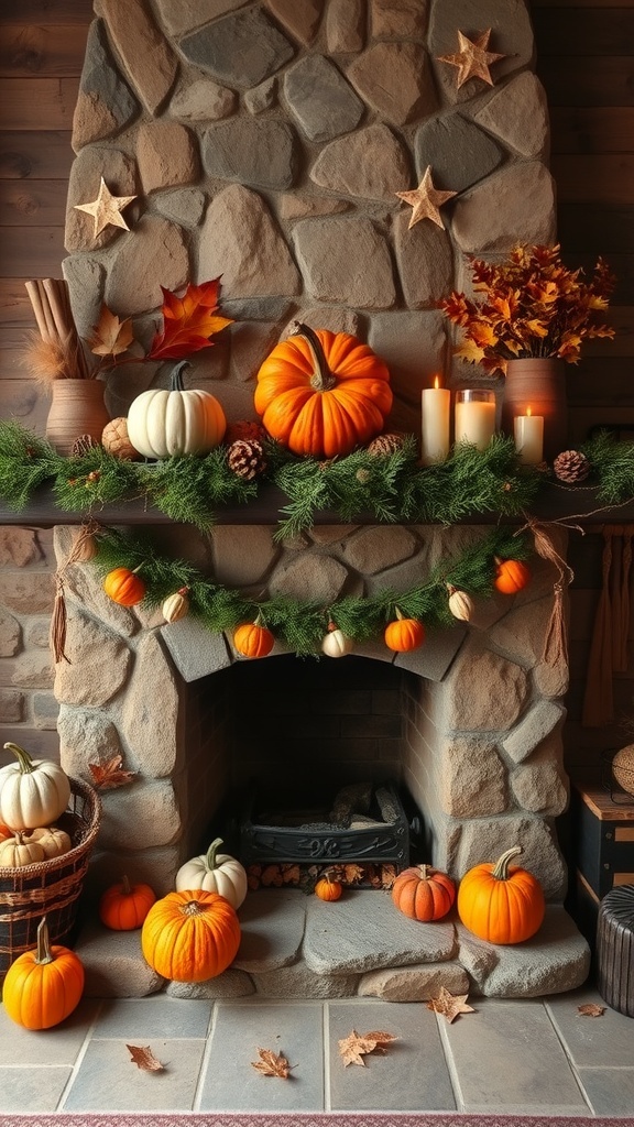 A rustic stone fireplace decorated with pumpkins, leaves, and candles for autumn.