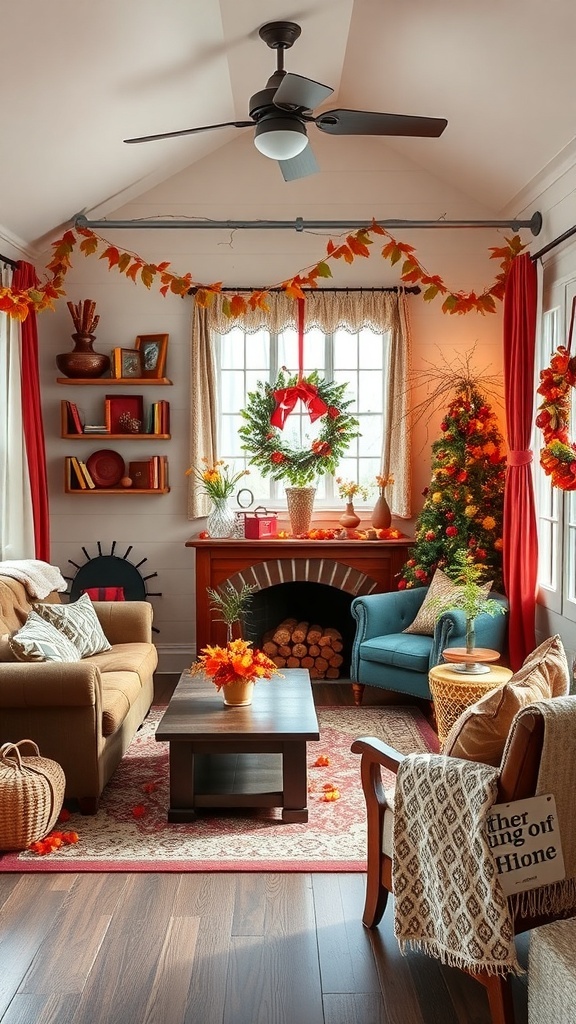 A cozy cottage living room decorated for the season with autumn colors, a wreath, and a Christmas tree.