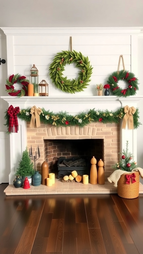 A beautifully decorated modern farmhouse fireplace with wreaths, garlands, and seasonal decor.