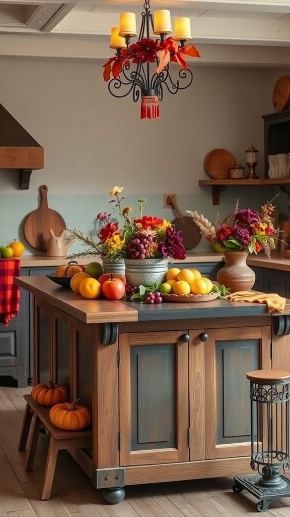 A rustic farmhouse kitchen island decorated with fruits, flowers, and pumpkins.