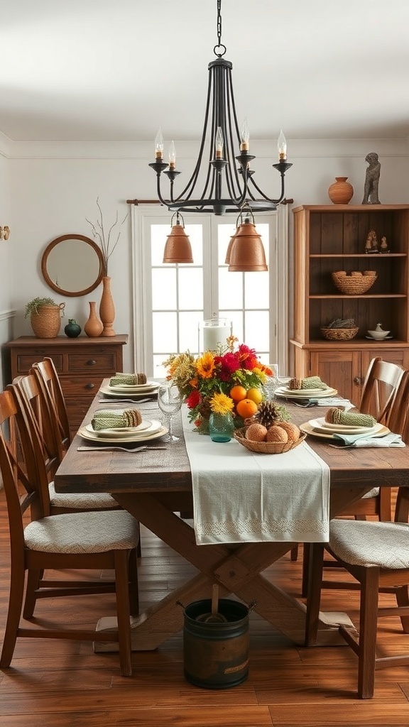 A rustic farmhouse dining table set with a colorful floral centerpiece, fruits, and cozy table linens.