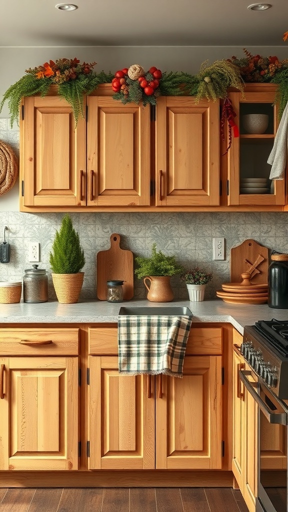 Rustic kitchen cabinets with seasonal decor including greenery and a garland.