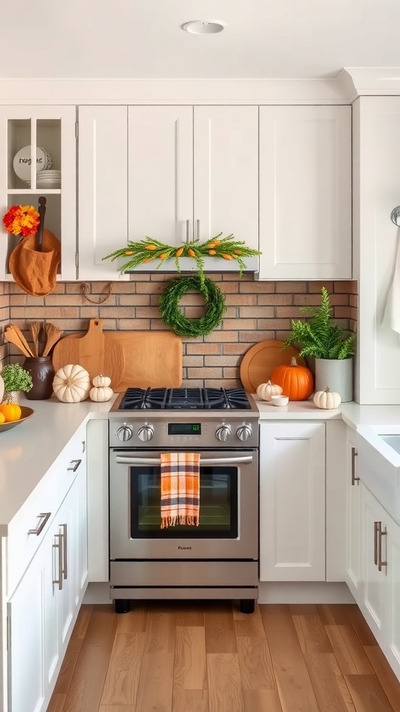 Farmhouse kitchen with seasonal decor including pumpkins and greenery on cabinets.