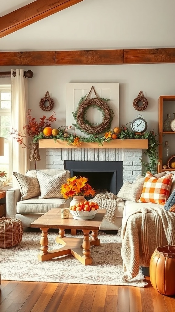 A cozy rustic farmhouse living room decorated for autumn with pumpkins, wreaths, and warm colors.