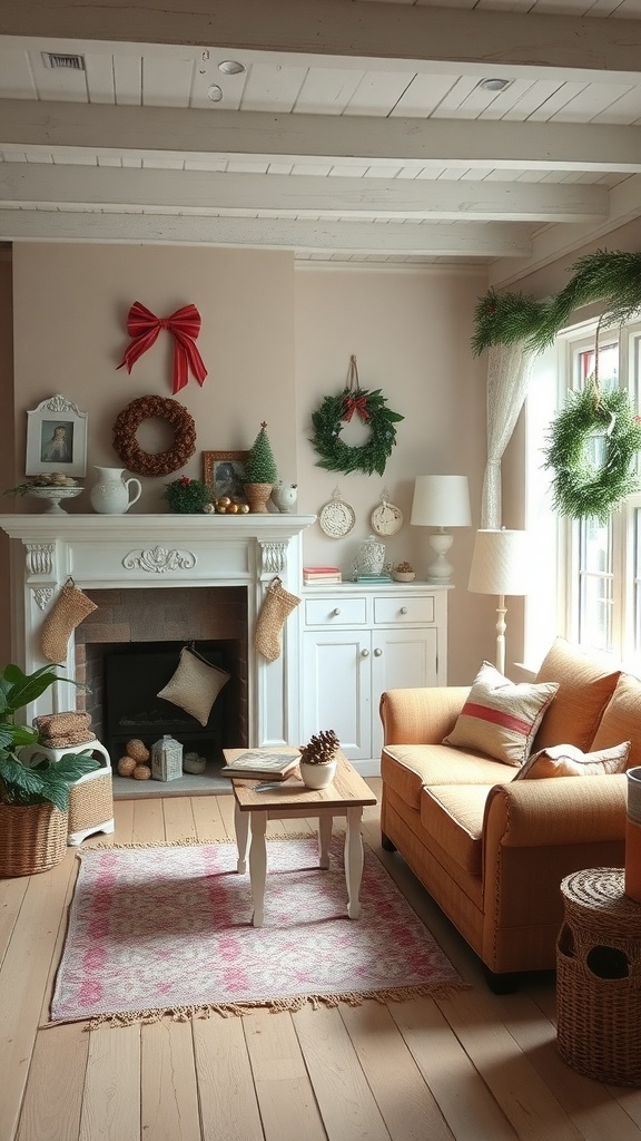 A cozy vintage cottage living room decorated for the season with wreaths, a warm couch, and natural elements.
