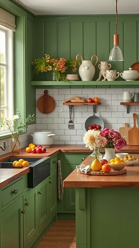 A green farmhouse kitchen with fresh flowers and colorful fruits on the counter.