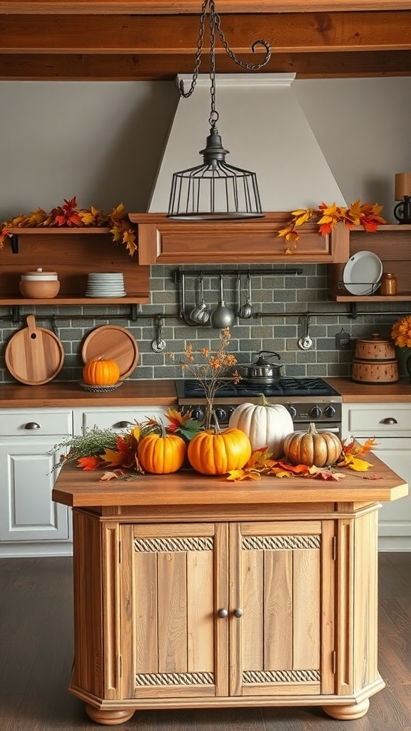 A rustic kitchen island decorated with pumpkins and autumn leaves.