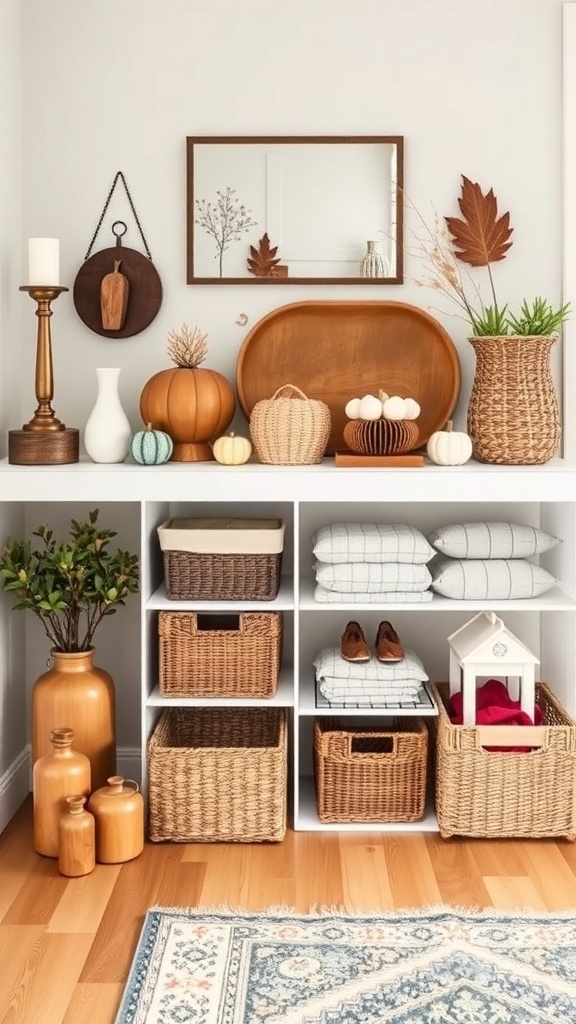 A tidy room with seasonal decor management, featuring baskets and neatly arranged items.