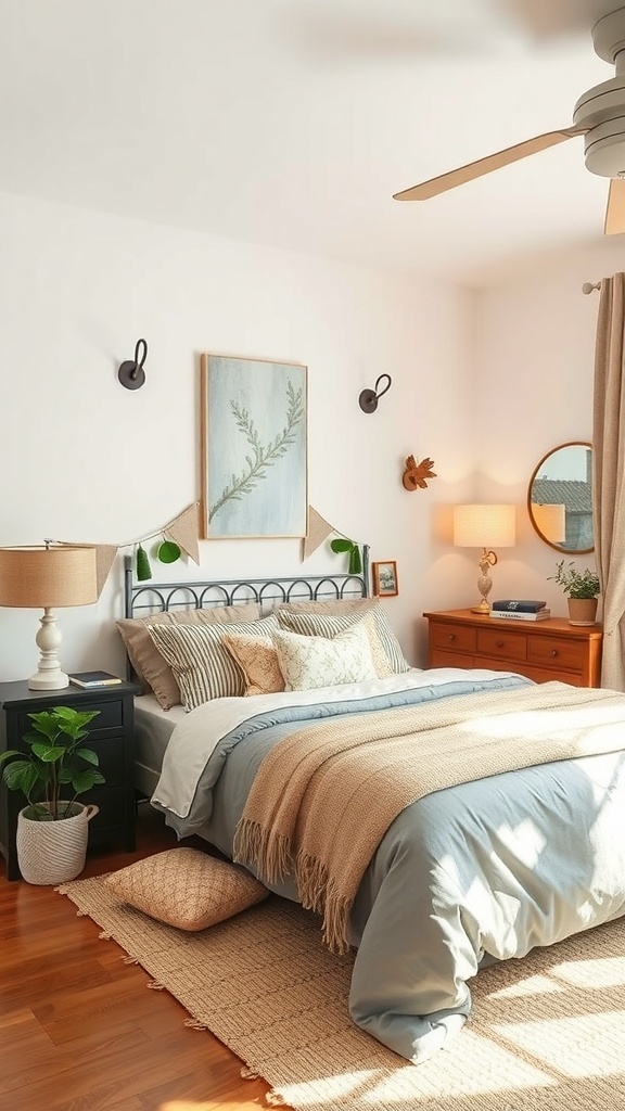 A cozy teen girl bedroom featuring soft bedding, a plant, and seasonal decor elements.