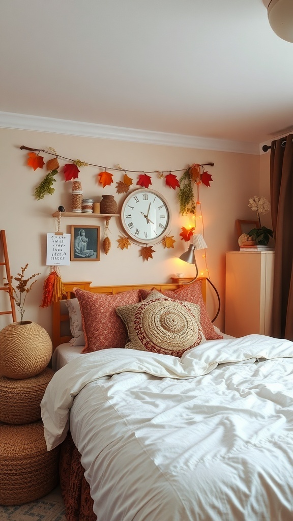 A cozy teen girl's bedroom decorated for autumn with warm tones, decorative pillows, and a leaf garland.