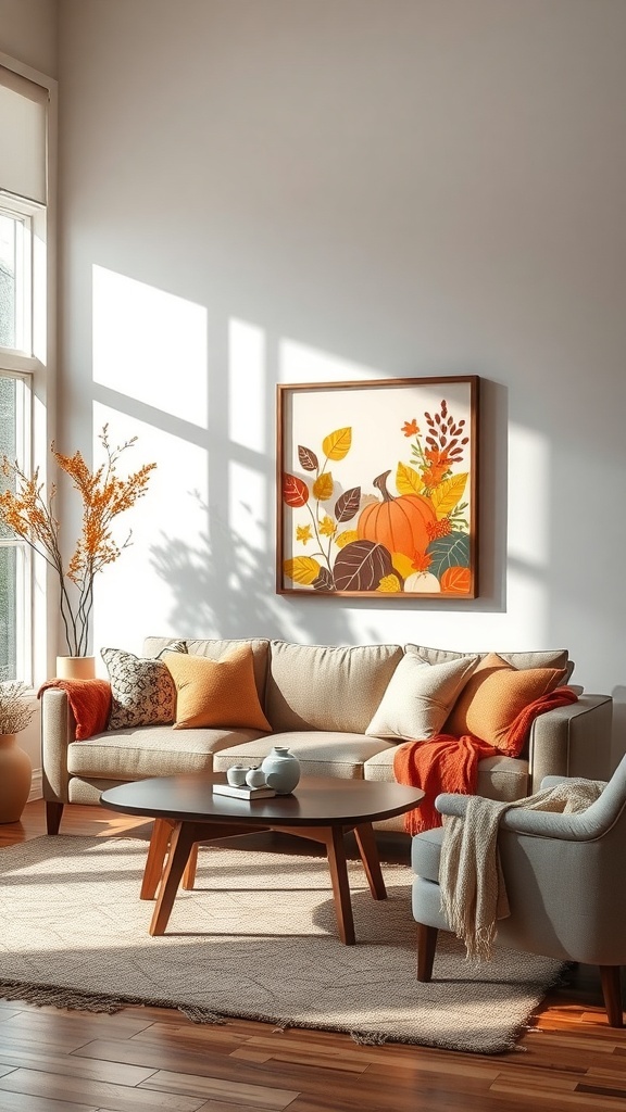 Cozy autumn-themed living room with warm colors and seasonal decor