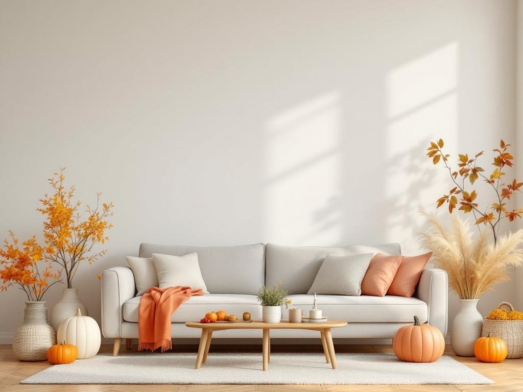 Cozy living room with autumn decor, featuring a light couch, pumpkins, and orange leaves.
