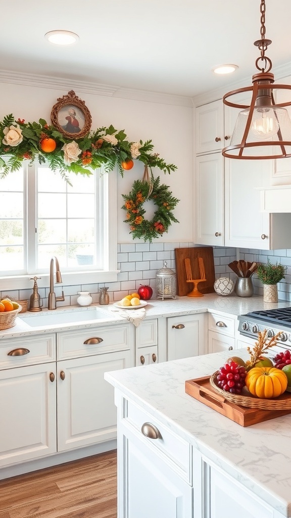 A bright white farmhouse kitchen decorated for the season with wreaths, a festive banner, and fresh fruits.
