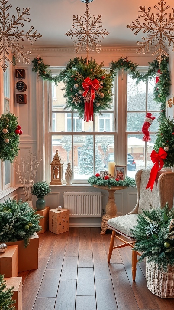 Cozy winter room decorated with wreaths, garlands, and warm lighting.