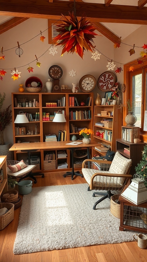 A cozy hobby room decorated with seasonal elements like leaves and snowflakes.