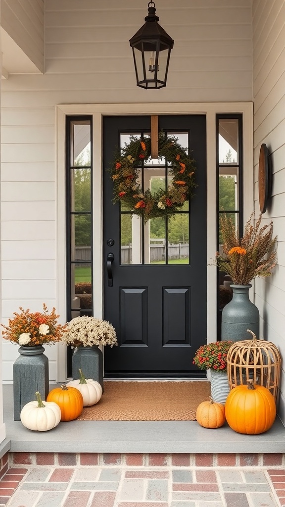 A modern farmhouse entryway decorated with seasonal flowers and pumpkins.