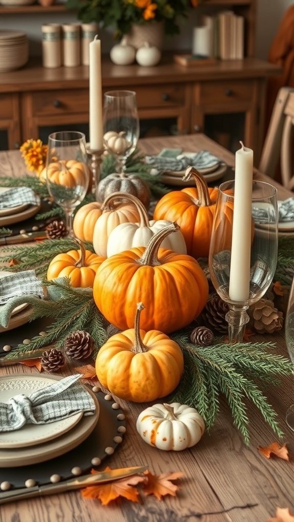 A rustic table decorated with pumpkins and pinecones