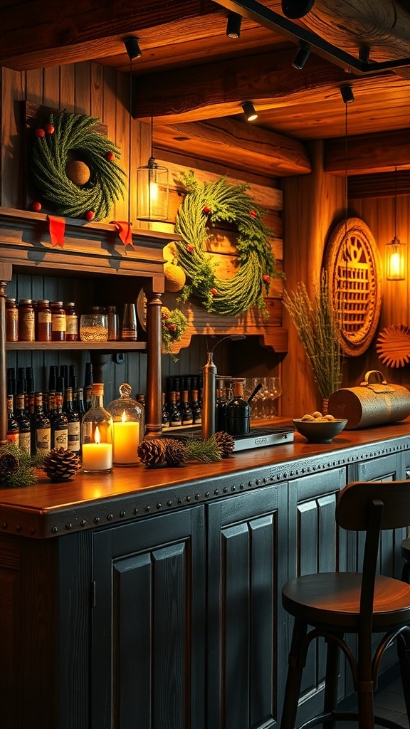 A rustic bar decorated with seasonal greenery and warm colors.