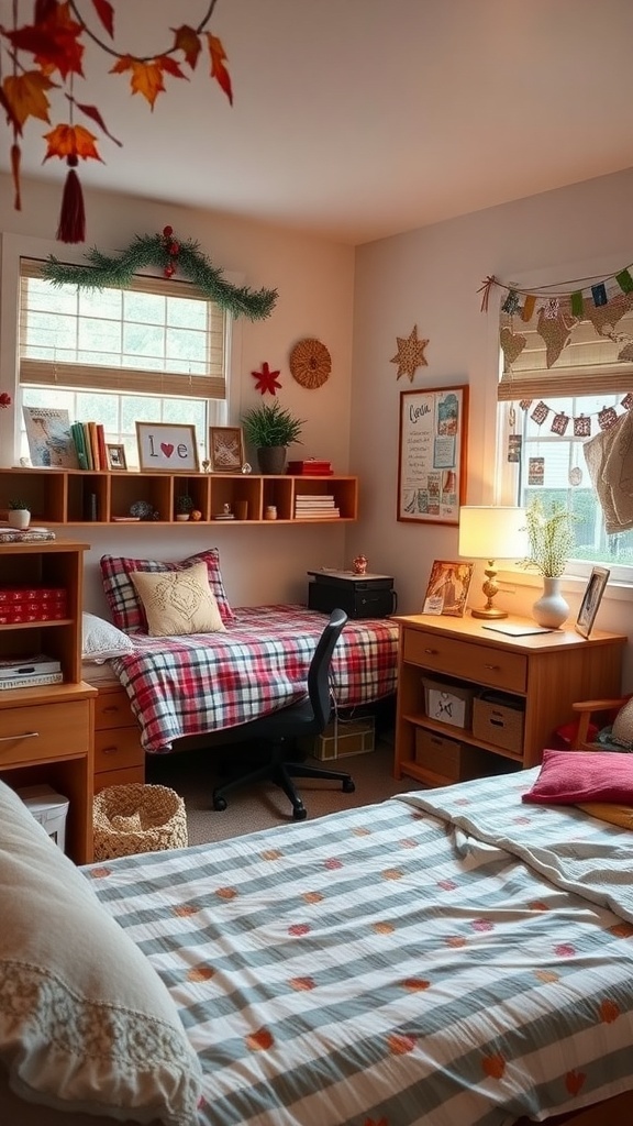 Cozy dorm room with seasonal decor including plaid bedding, autumn leaves, and warm lighting.