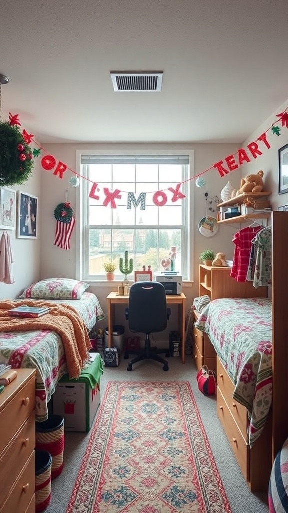 A cozy dorm room decorated for the holidays with festive garlands, wreaths, and colorful bedding.