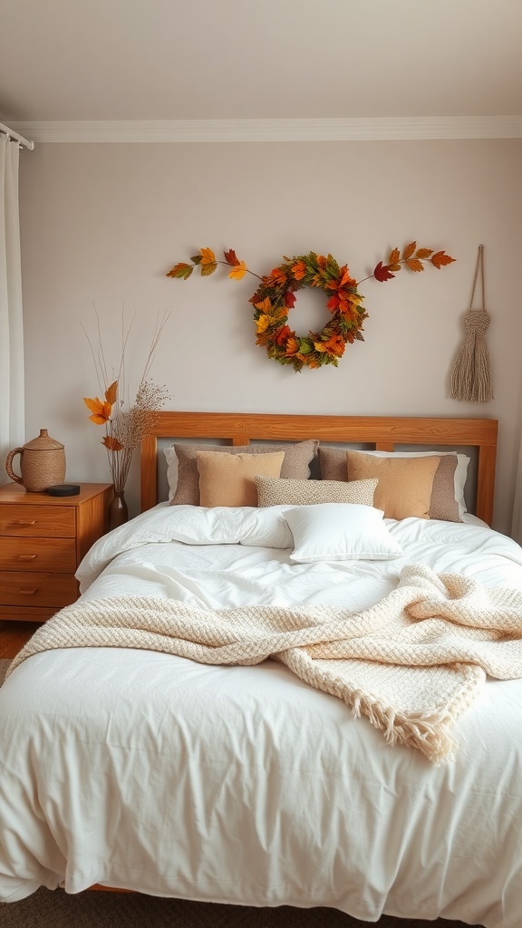 A warm and cozy bedroom with autumn decor, featuring a leaf wreath, neutral bedding, and natural accents.