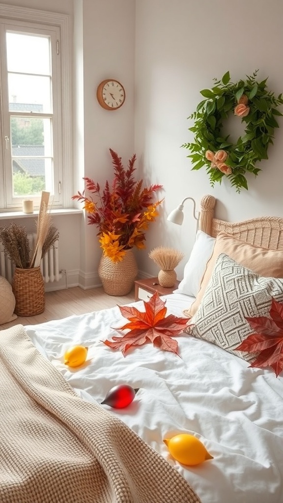 A cozy cottagecore bedroom with autumn decor, featuring colorful leaves, a wreath, and warm textiles.