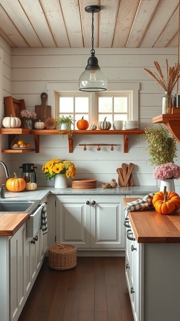 A rustic farmhouse kitchen decorated for autumn with pumpkins and sunflowers.