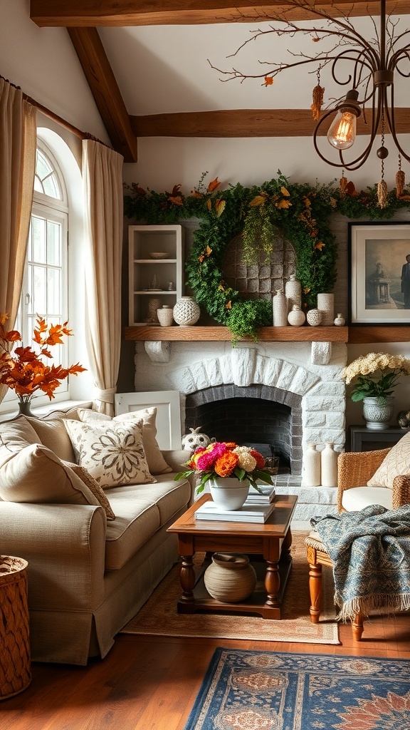 Cozy cottage living room with seasonal decor, featuring a wreath and autumn leaves.