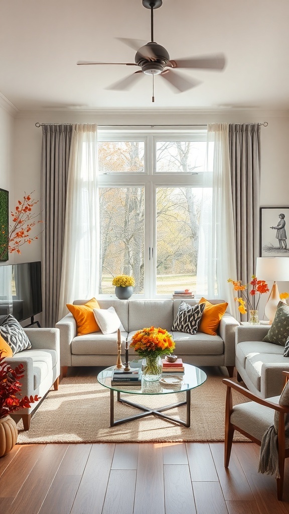 A cozy English cottage living room with seasonal decor, featuring warm colors and natural light.