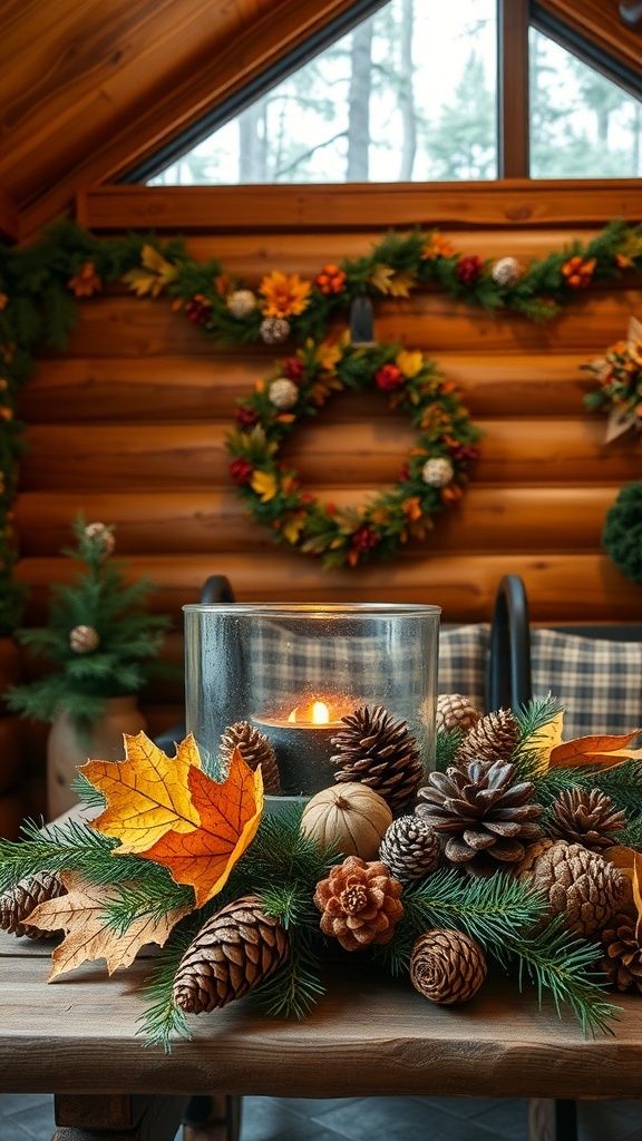 A cozy cabin interior with seasonal decor featuring pinecones, leaves, and a candle centerpiece.