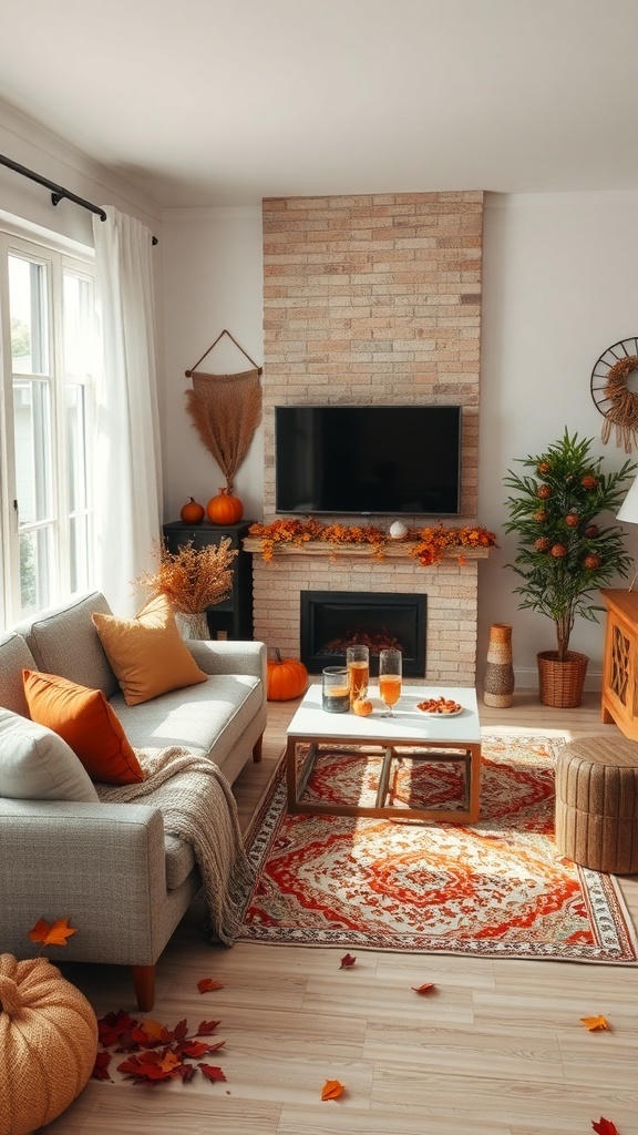Cozy country cottage living room decorated for fall with pumpkins and warm colors.